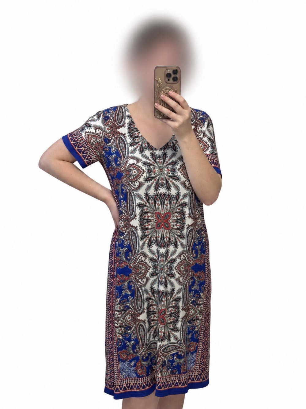 London Times Blue and Red Paisley V-Neck Shift Dress